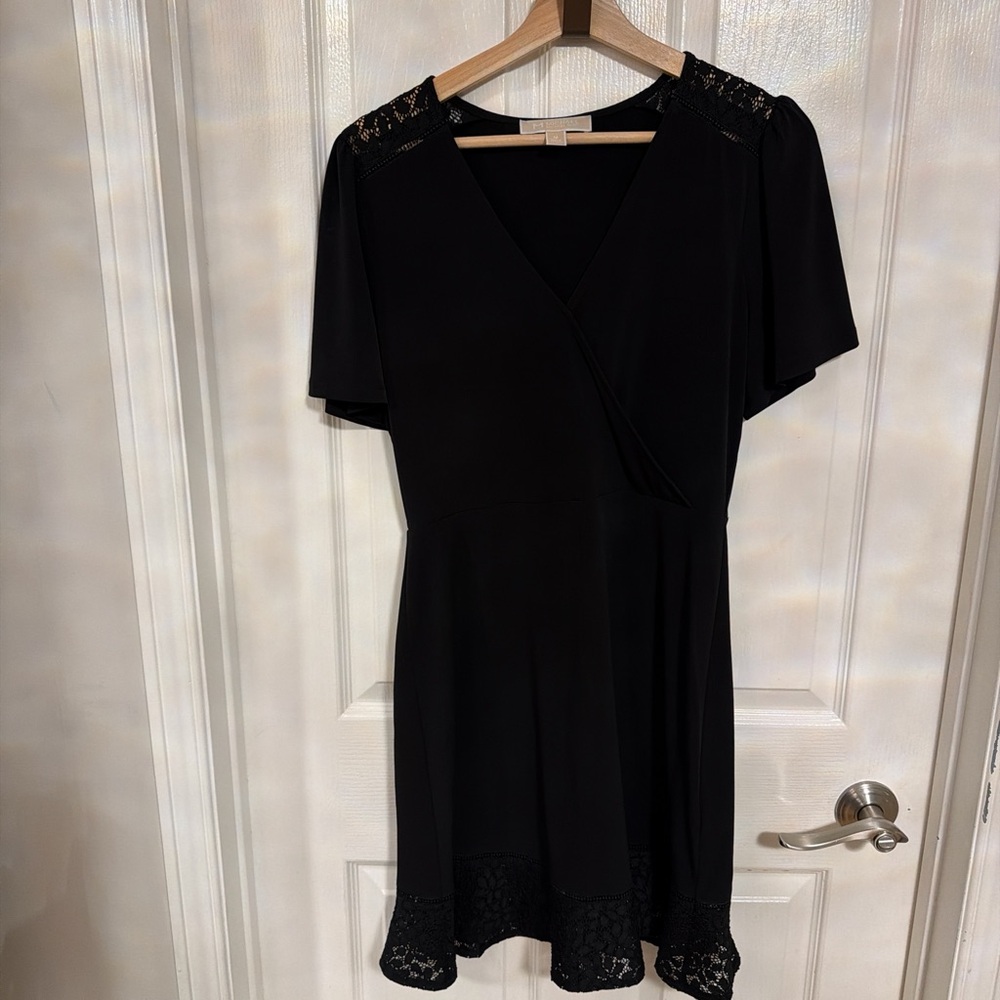 Michael Kors Black Lace-Trim V-Neck Mini Dress